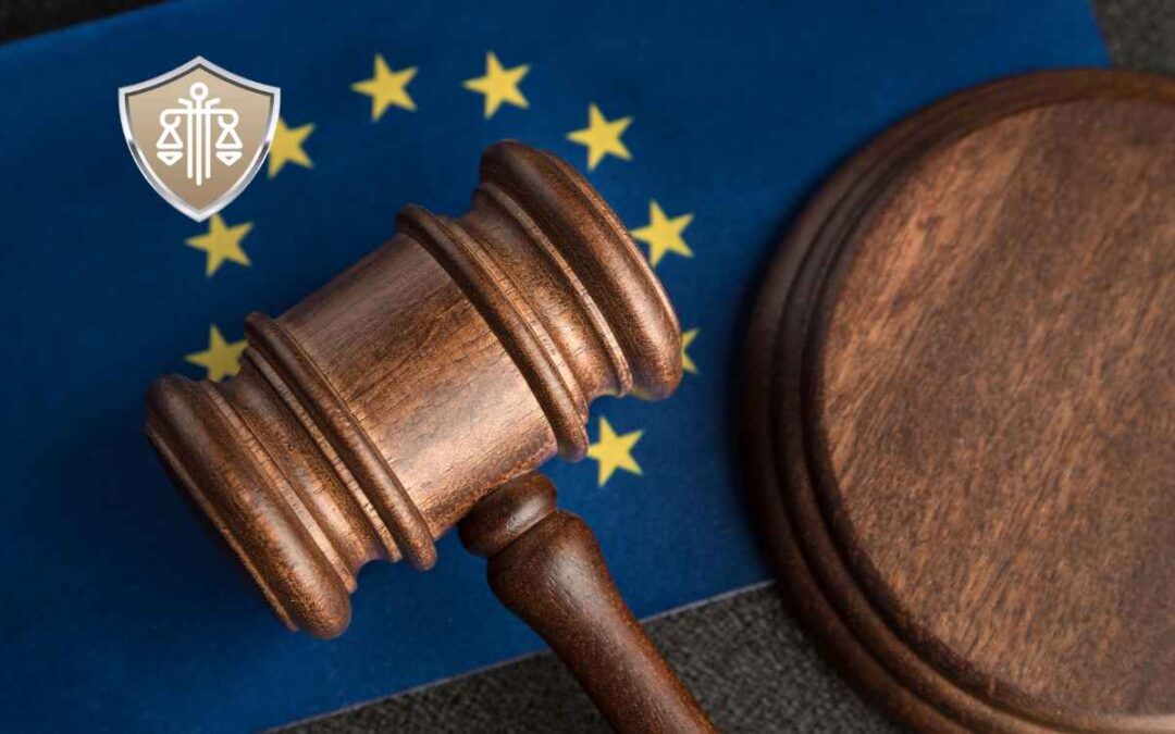 Flaga Unii Europejskiej i młotek sędziowski symbolizujące wyrok TSUE