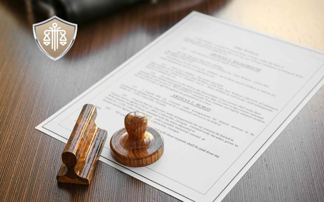 Na drewnianym stole leży dokument prawny oraz dwie drewniane pieczątki