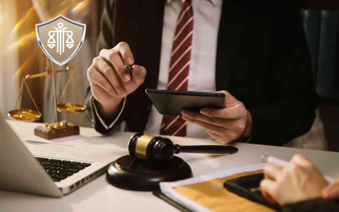 Prawnik w garniturze siedzący przy biurku, trzymający tablet i pióro, obok wagi szali oraz młotka sędziowskiego.