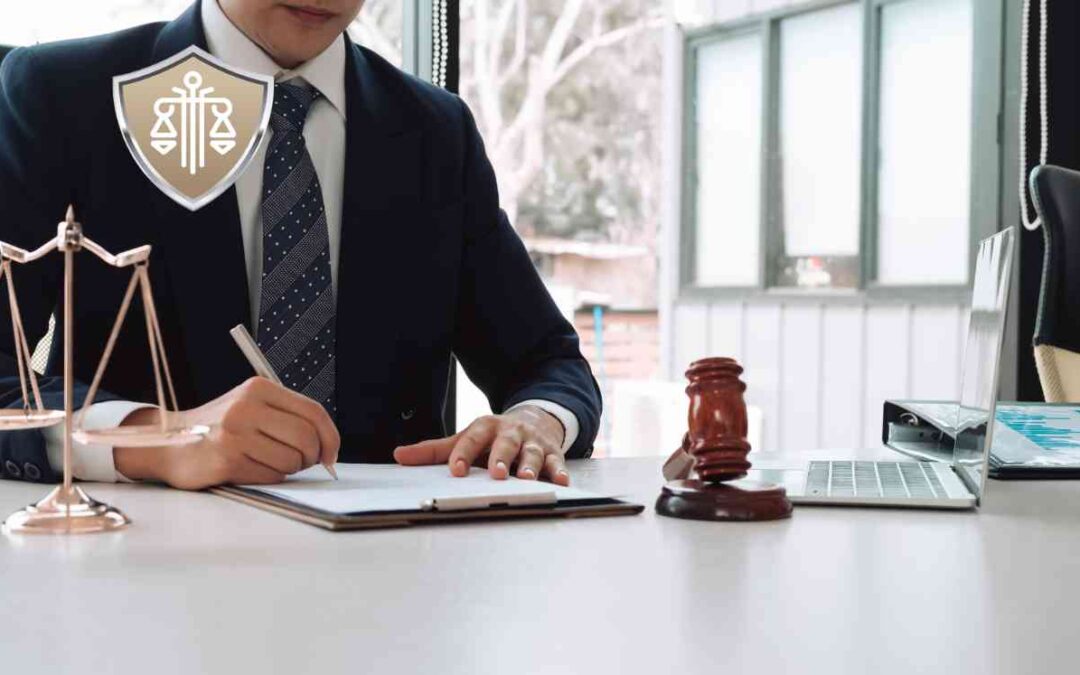 Lawyer in a suit signs documents at a desk, with scales of justice and a gavel nearby.