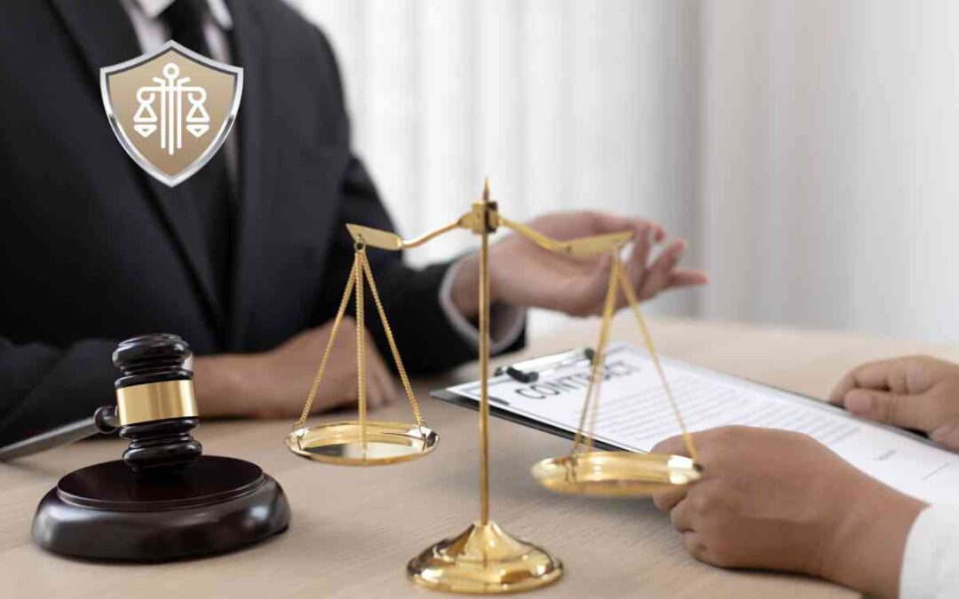 Gold scales of justice and a gavel on a lawyer's desk during a contract review or legal consultation.