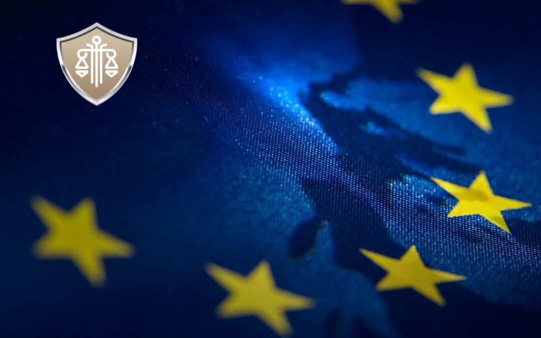 EU flag background with a shield-emblem showing scales of justice in the top-left corner